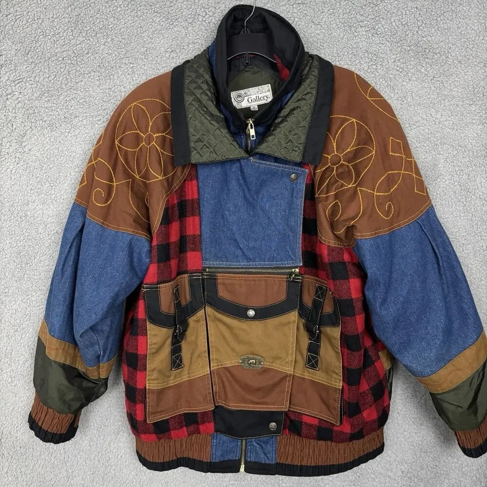 Vtg Gallery Patchwork Jacket Quilted Panel Mixed Media Grunge Jacket Unisex sz M
